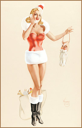 Alberto Vargas original watercolor on board painting depicting a female seminude in a Santa Claus costume