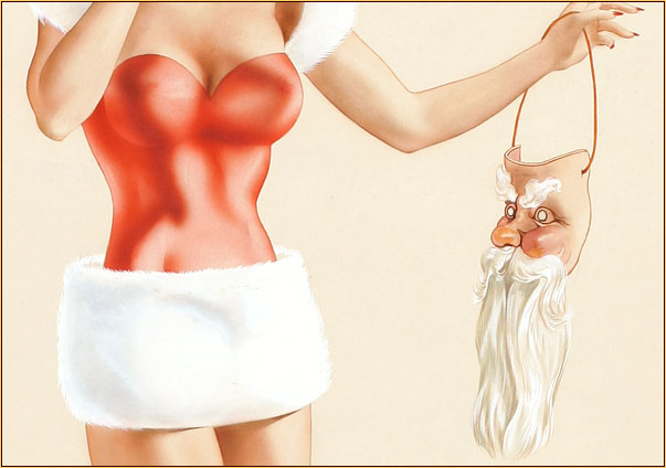 Alberto Vargas original watercolor on board painting detail depicting a female seminude torso and a Santa Claus mask