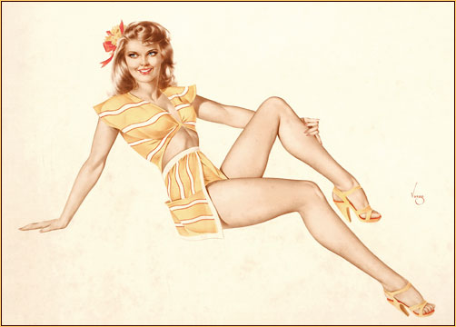 Alberto Vargas original watercolor on board painting depicting a female seminude in a swimsuit