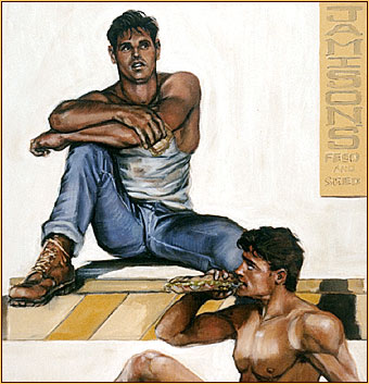 Beau original oil painting depicting a man and a male seminude (Detail 1)