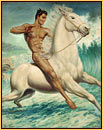 George Quaintance original oil painting depicting a male nude riding a horse