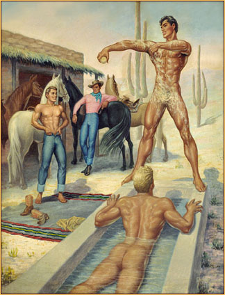 George Quaintance original oil painting depicting two male nudes bathing, one male seminude undressing, and a cowboy