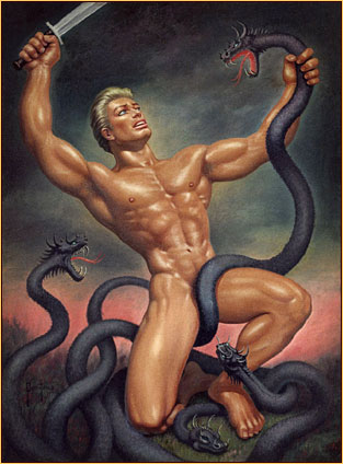 George Quaintance original oil painting depicting a male nude fighting the Hydra