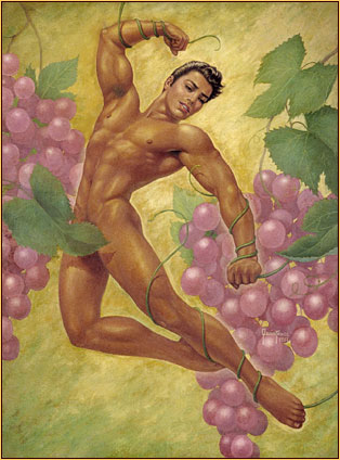 George Quaintance original oil painting depicting a male nude surrounded by grapes