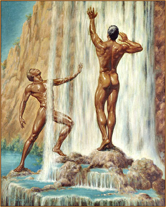 George Quaintance original oil painting depicting two male nudes at a waterfall