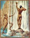 George Quaintance original oil painting depicting two male nudes at a waterfall
