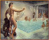George Quaintance original oil painting depicting numerous male nudes bathing