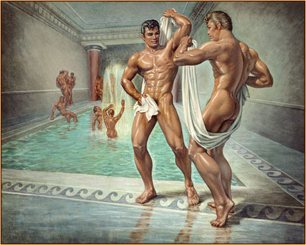 George Quaintance original oil painting depicting a group of male nudes bathing