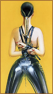 Hajime Sorajama original acrylic painting depicting a female seminude in bondage (Detail 1)