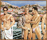 Kent original acrylic painting depicting four male seminudes