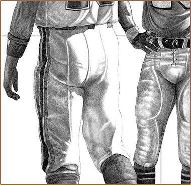 Olaf original graphite drawing depicting three football players (Detail 1)