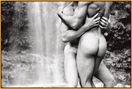 Tom Bianchi original gelatin silver print depicting two male nudes embracing in front of a waterfall