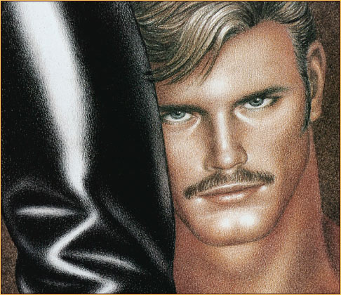 Tom of Finland original limited edition color lithograph depicting a male nude and a leather boot (Detail)