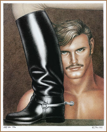 Tom of Finland original limited edition color lithograph depicting a male nude and a leather boot (Signature)