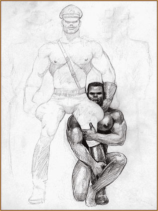 Tom of Finland original graphite on paper drawing depicting a male nude and a male seminude (Study)