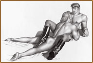 Tom of Finland original graphite on paper drawing depicting a male seminude embracing a male nude