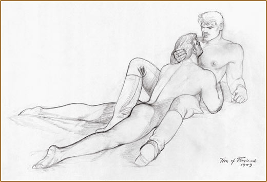 Tom of Finland original graphite on paper drawing depicting a male seminude embracing a male nude (Study)