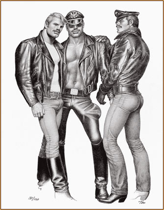 Tom of Finland original limited edition lithograph depicting three male figures in leather gear