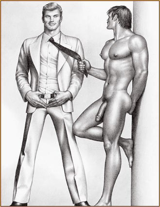 Tom of Finland original graphite on paper drawing depicting a male nude and a male figure in a suit