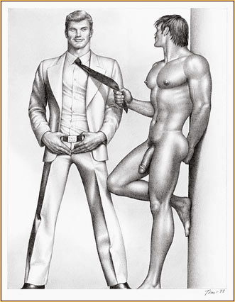 Tom of Finland original graphite on paper drawing depicting a male nude and a male figure in a suit (Signature)