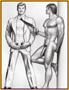 Tom of Finland original graphite on paper drawing depicting a male nude and a male figure in a suit