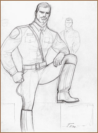 Tom of Finland original graphite on paper study drawing depicting two male figures in uniform