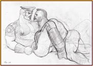 Tom of Finland original graphite on paper study drawing depicting a male nude and a male seminude embracing