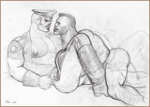 Tom of Finland original graphite on paper study drawing depicting a male nude and a male seminude embracing