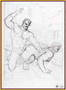Tom of Finland original graphite on paper study drawing depicting a male seminude spanking a male figure