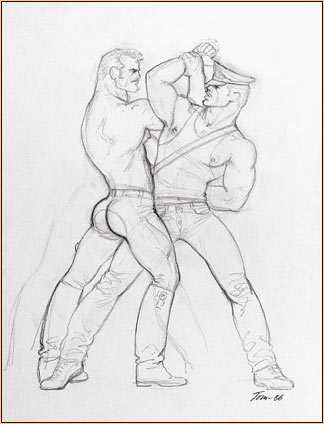 Tom of Finland original graphite on paper study drawing depicting a male seminude wrestling with a male figure