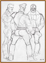 Tom of Finland original graphite on paper study drawing depicting three male figures in leather gear