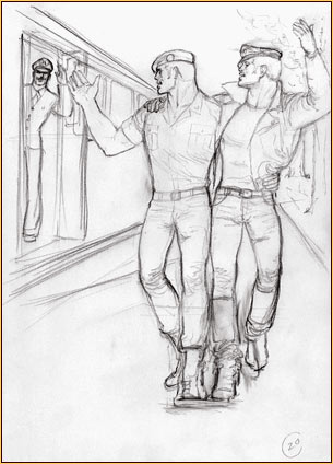 Tom of Finland original graphite on paper study drawing depicting three male figures