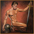 George Quaintance original oil painting depicting a male nude posing with a helmet and a sword