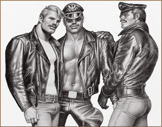 Tom of Finland original limited edition lithograph depicting three male figures in leather gear (Detail)